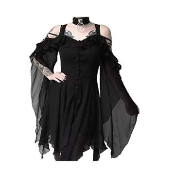 Womens Gothic Dresses Plus Size Vintage Lace V Neck Halloween Costumes Long Sleeve Cold Shoulder Witch Cosplay Dress Black