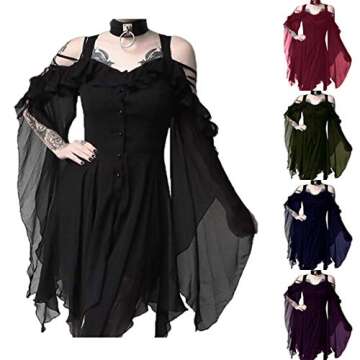 Womens Gothic Dresses Plus Size Vintage Lace V Neck Halloween Costumes Long Sleeve Cold Shoulder Witch Cosplay Dress Black