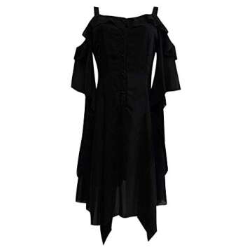 Womens Gothic Dresses Plus Size Vintage Lace V Neck Halloween Costumes Long Sleeve Cold Shoulder Witch Cosplay Dress Black