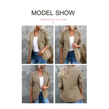 BLENCOT Fall Women Office Casual Suit Jackets Long Sleeve Lapel Open Front Blazer Small Plaid Khaki