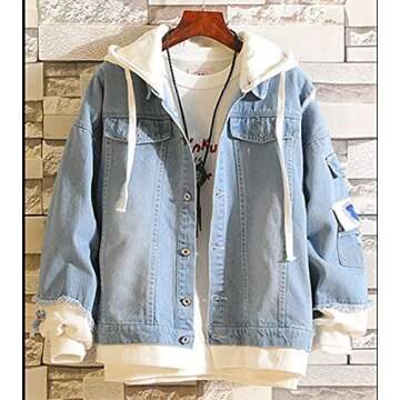Unisex Long Sleeve Hooded Denim Jacket Ripped Casual Trucker Denim Jacket Top Halloween Costume (blu...
