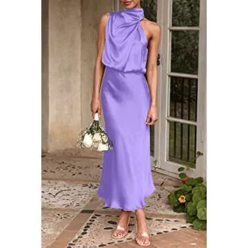 PRETTYGARDEN Women's 2024 Summer Satin Dress Elegant Sleeveless Mock Neck Cocktail Party Maxi Dresses (Purple,Small)