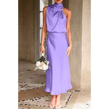 PRETTYGARDEN Women's 2024 Summer Satin Dress Elegant Sleeveless Mock Neck Cocktail Party Maxi Dresses (Purple,Small)