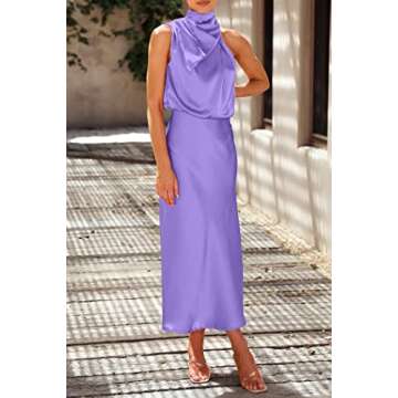 PRETTYGARDEN Women's 2024 Summer Satin Dress Elegant Sleeveless Mock Neck Cocktail Party Maxi Dresses (Purple,Small)