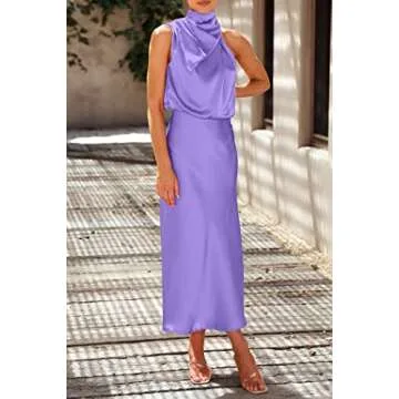 PRETTYGARDEN Women's 2024 Summer Satin Dress Elegant Sleeveless Mock Neck Cocktail Party Maxi Dresses (Purple,Small)