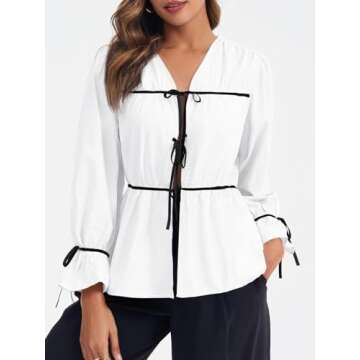 Tankaneo Womens Tie Front Tops Long Ruffle Sleeve Blouse Peplum Babydoll Coquette Contrast Bow Shirt White