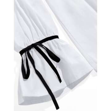 Tankaneo Womens Tie Front Tops Long Ruffle Sleeve Blouse Peplum Babydoll Coquette Contrast Bow Shirt White