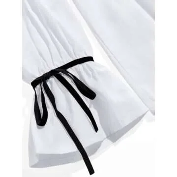 Tankaneo Womens Tie Front Tops Long Ruffle Sleeve Blouse Peplum Babydoll Coquette Contrast Bow Shirt White