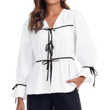 Tankaneo Womens Tie Front Tops Long Ruffle Sleeve Blouse Peplum Babydoll Coquette Contrast Bow Shirt White