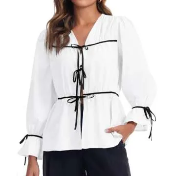 Tankaneo Womens Tie Front Tops Long Ruffle Sleeve Blouse Peplum Babydoll Coquette Contrast Bow Shirt White