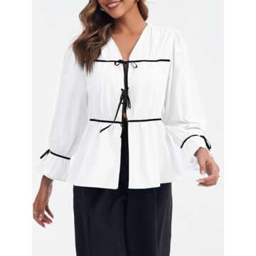 Tankaneo Womens Tie Front Tops Long Ruffle Sleeve Blouse Peplum Babydoll Coquette Contrast Bow Shirt White