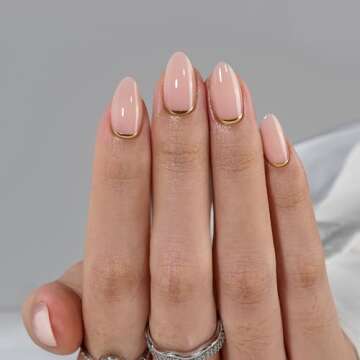 BTArtbox Press On Nails Almond - Short Nails Press Ons with Gold Foil Design, Glue On Nails for Wome...