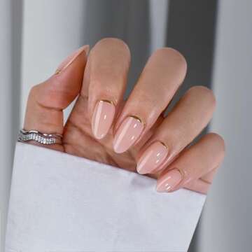 BTArtbox Press On Nails Almond - Short Nails Press Ons with Gold Foil Design, Glue On Nails for Women Gift, Supremely Fit Glossy Stick On Nails in 16 Sizes - 30 Nail Kit, Gold End