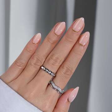 BTArtbox Press On Nails Almond - Short Nails Press Ons with Gold Foil Design, Glue On Nails for Women Gift, Supremely Fit Glossy Stick On Nails in 16 Sizes - 30 Nail Kit, Gold End