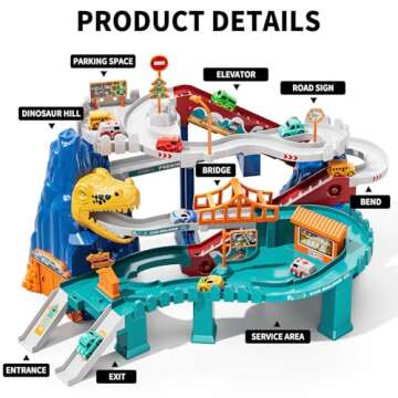 TEMI Boys Dinosaur Race Track Playset - 10 Mini Cars & Learning Adventure