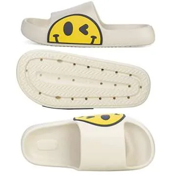Uonesone Womens Slides,Pillow Slippers Sandals for Men,Unisex Non slip Quick Dry Shower Shoes Indoor Outdoor Open Toe Spa Bath Pool Gym House Casual Massage Smile Face Slippers(White 35/36)