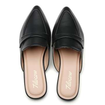 Tilocow Slip On Mules for Women Open Back Closed Pointed Toe Flats Womens Business Work Shoes Flavor Slides Pu Black