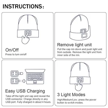 YunTuo Rechargeable LED Beanie with 4 Lights - Unisex Winter Knit Cap with USB Flashlight for Men and Women (Black)