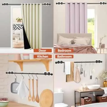 Curtain Rods No Drilling for Windows Set 32 to 48 Inch,5/8 Inch Diameter Drapey Pole with No Drill Curtain Rod Brackets,Renter Friendly Cortineros Para Ventanas with Adhesive Holder Hook (Black)