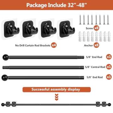 Curtain Rods No Drilling for Windows Set 32 to 48 Inch,5/8 Inch Diameter Drapey Pole with No Drill Curtain Rod Brackets,Renter Friendly Cortineros Para Ventanas with Adhesive Holder Hook (Black)