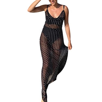 Women’s Sheer Mesh Strap Polka Dot Long Dress Sleeveless Lace Up Backless Split Transparent Chiffo...