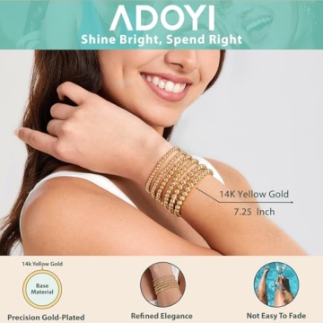 adoyi Gold Bracelets for Women, Gold Beaded Bracelets for Womens 14K Gold Plated Stackable Strand Bracelets Bead Ball Bracelet stack Set Adjustable Bracelet Set Jewelry for Gifts
