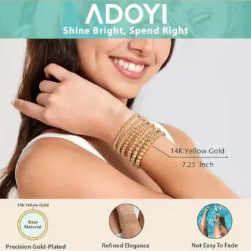 adoyi Gold Bracelets for Women, Gold Beaded Bracelets for Womens 14K Gold Plated Stackable Strand Bracelets Bead Ball Bracelet stack Set Adjustable Bracelet Set Jewelry for Gifts