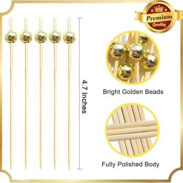 Cocktail Picks,Toothpicks for Appetizers,100 PCS 4.7 Inch Gold Pearl Cocktail Picks for Party Decora...