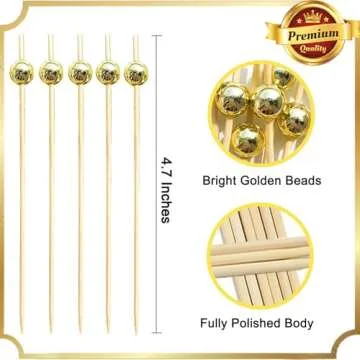 Cocktail Picks,Toothpicks for Appetizers,100 PCS 4.7 Inch Gold Pearl Cocktail Picks for Party Decora...