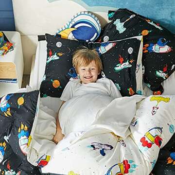 Bedsure Twin Bedding Sets for Boys - Galaxy Bedding Gift, Easy Care Super Soft 5 Piece Twin Bed in a Bag, Kids Comforter Sets with Sheets (Twin, Space & Rockets Black)