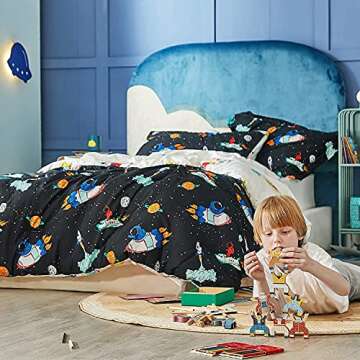 Bedsure Twin Bedding Sets for Boys - Galaxy Bedding Gift, Easy Care Super Soft 5 Piece Twin Bed in a Bag, Kids Comforter Sets with Sheets (Twin, Space & Rockets Black)