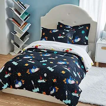 Bedsure Twin Bedding Sets for Boys - Galaxy Bedding Gift, Easy Care Super Soft 5 Piece Twin Bed in a Bag, Kids Comforter Sets with Sheets (Twin, Space & Rockets Black)
