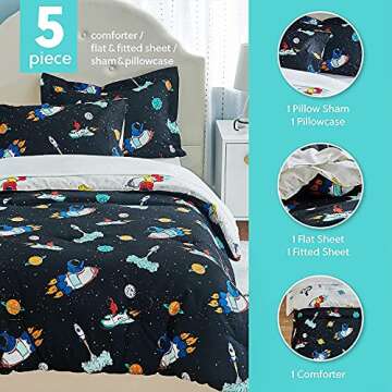 Bedsure Twin Bedding Sets for Boys - Galaxy Bedding Gift, Easy Care Super Soft 5 Piece Twin Bed in a Bag, Kids Comforter Sets with Sheets (Twin, Space & Rockets Black)