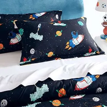 Bedsure Twin Bedding Sets for Boys - Galaxy Bedding Gift, Easy Care Super Soft 5 Piece Twin Bed in a Bag, Kids Comforter Sets with Sheets (Twin, Space & Rockets Black)