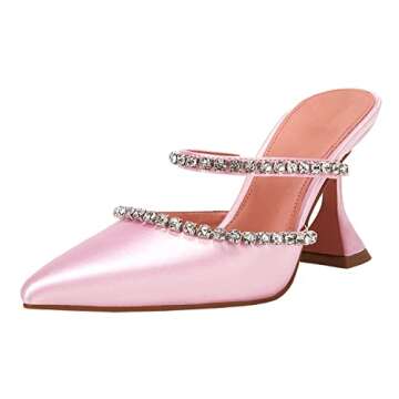 VETASTE Women's Pointed Toe Strappy Heels in Crystal Satin - Elegant Pink Mules for Weddings
