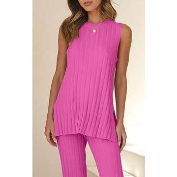 Tankaneo Two Pieces Outfits Sleeveless Top Knit Sets Trendy Lounge Long Pajamas Set Rose Red
