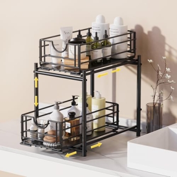Almaybe Under Sink Organizers and Storage, 2 Tiers Metal Adjustable Height Pull Out Cabinet Organize...