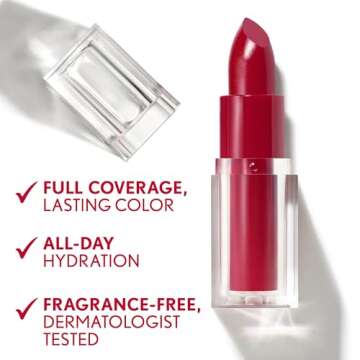 COVERGIRL Clean Lip Color, Crimson Doll, Satin Finish, 24-Hour Wear, Squalane, Avocado & Aloe, Carmine-Free, Non-Drying, 0.12oz