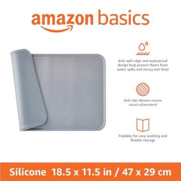 Amazon Basics Waterproof Anti-Slip Silicone Pet Food and Water Bowl Mat, Solid, 18.5 x 11.5 Inches, Gray