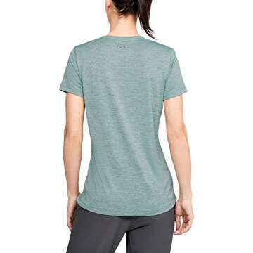 Under Armour Womens Tech V-Neck Twist Short-Sleeve T-Shirt , Hushed Turquoise (396)/Metallic Silver , Small
