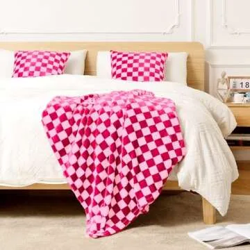 FY FIBER HOUSE Checkered Flannel Fleece Throw Blanket King Size Soft Cozy Checkerboard Grid Print Chessboard Pattern Blankets for Bed Couch Sofa, 90"x108", Hot Pink