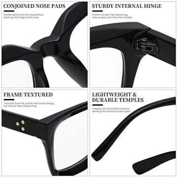 COASION Classic Non-prescription Clear Lens Eyeglasses for Women Thick Square Frame Eyewear (Bright Black)