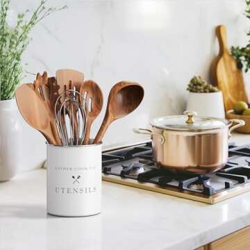 Barnyard Designs Metal Utensil Crock Holder, Rustic Farmhouse Countertop Decor, Country Kitchen Utensil Storage Caddy Organizer, 5.5" x 6.75” (White Open Text)