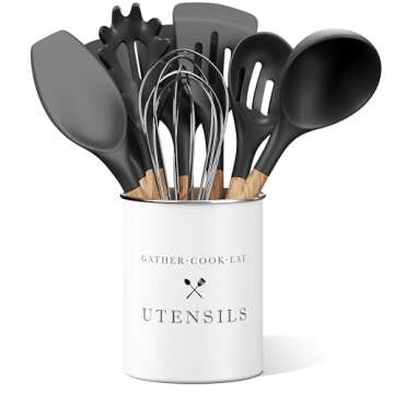 Barnyard Designs Metal Utensil Crock Holder, Rustic Farmhouse Countertop Decor, Country Kitchen Utensil Storage Caddy Organizer, 5.5" x 6.75” (White Open Text)