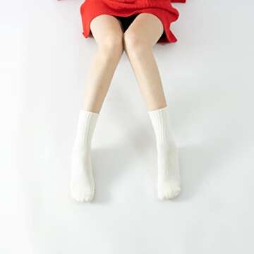 Yoga Pilates Socks with Grips for Women Non Slip Solid Colored Fleece Cushioned Mid Calf Crew Socks for Barre Ballet Dance (Cream White)