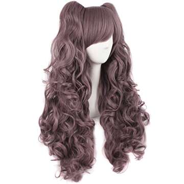 MapofBeauty 28"/70cm Lolita Long Curly Clip on Ponytails Cosplay Wig (Grey Purple)
