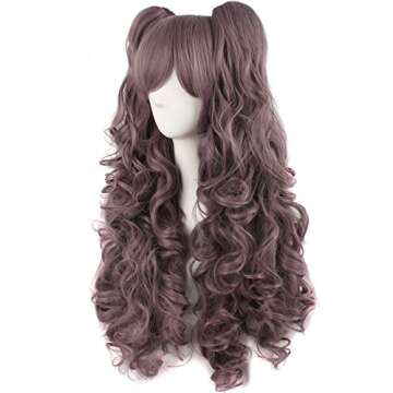 MapofBeauty 28"/70cm Lolita Long Curly Clip on Ponytails Cosplay Wig (Grey Purple)