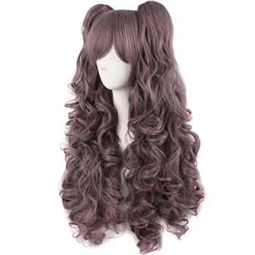 MapofBeauty 28"/70cm Lolita Long Curly Clip on Ponytails Cosplay Wig (Grey Purple)