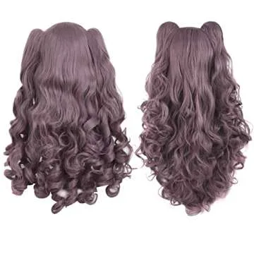 MapofBeauty 28"/70cm Lolita Long Curly Clip on Ponytails Cosplay Wig (Grey Purple)
