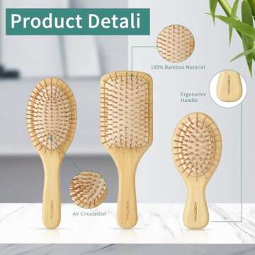 Natural Bamboo Hair Brush Set for All Hair Types, Eco-Friendly